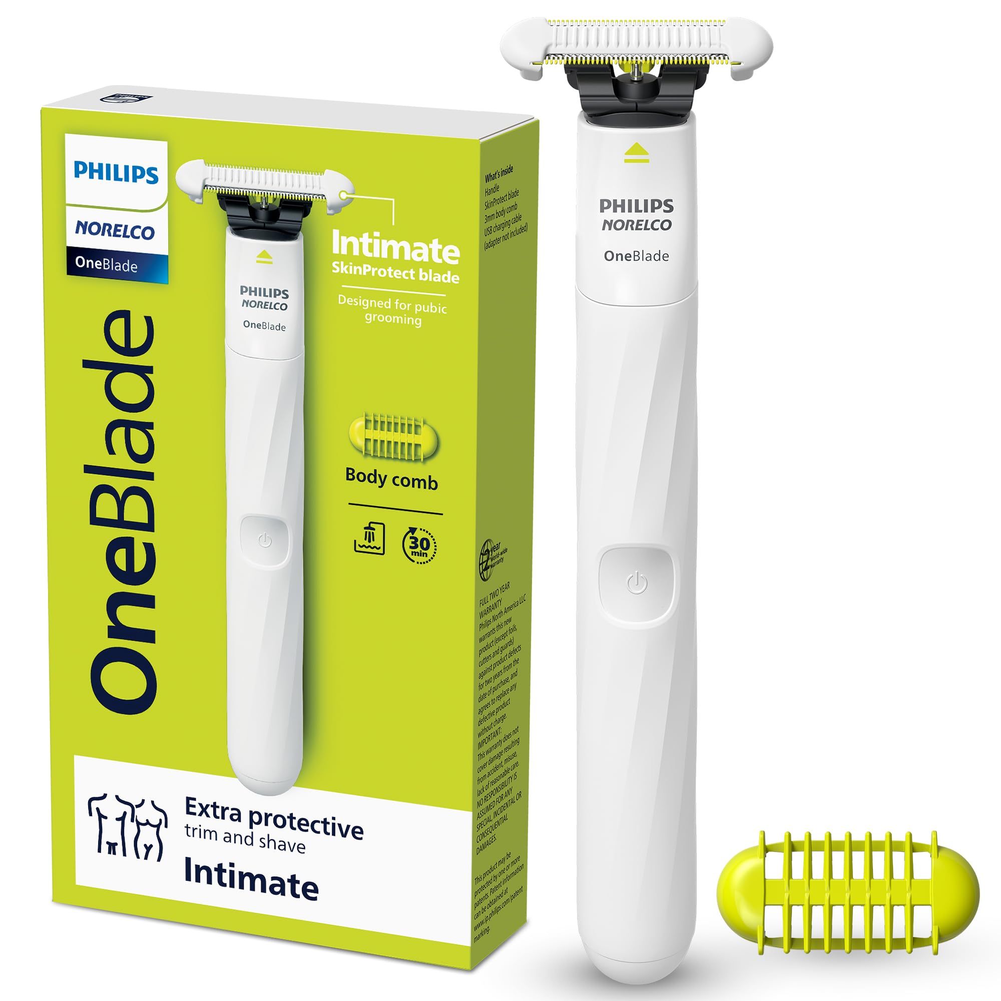 Philips Norelco OneBlade Intimate, Designed for Pubic Grooming, Trim & Shave with Extra Skin Protection, Waterproof, Model QP1924/70